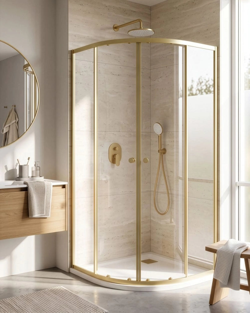 Box doccia semicircolare in vetro temperato con telaio in alluminio dorato e porta singola 90 x 90 x 190 cm dal design moderno