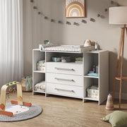 Fasciatoio Oskar, Bianco, 143 x 100 cm XL con cassetti, adatto come fasciatoio con area di appoggio estensibile