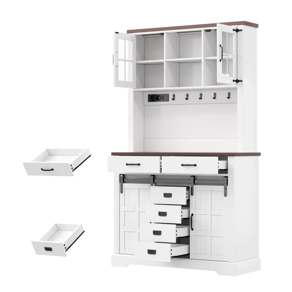 Credenza alta con LED RGB, 2 ante scorrevoli e 6 cassetti, per cucina e soggiorno, bianco, 108 × 40 × 180 cm