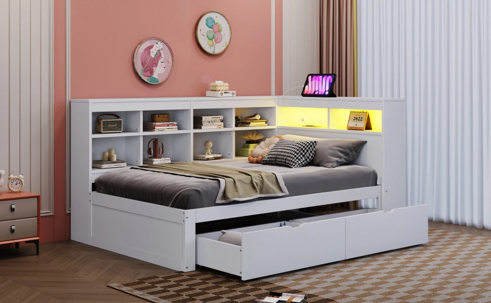 Letto divano con funzione letto e ripiani in legno bianco 90x200 cm