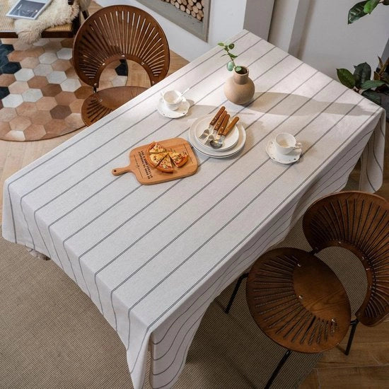 Tavolino coperto quadrato di cotone lino, beige, lavabile, con strisce, per abitazione, cucina, sala da pranzo, decorazione, 140 x 200 cm