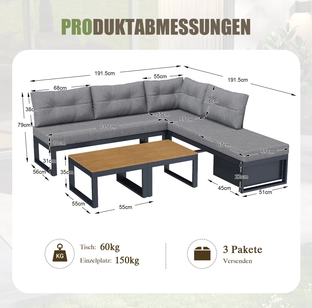Set da giardino modulare 191.5x191.5x79 cm con contenitore; poliestere grigio