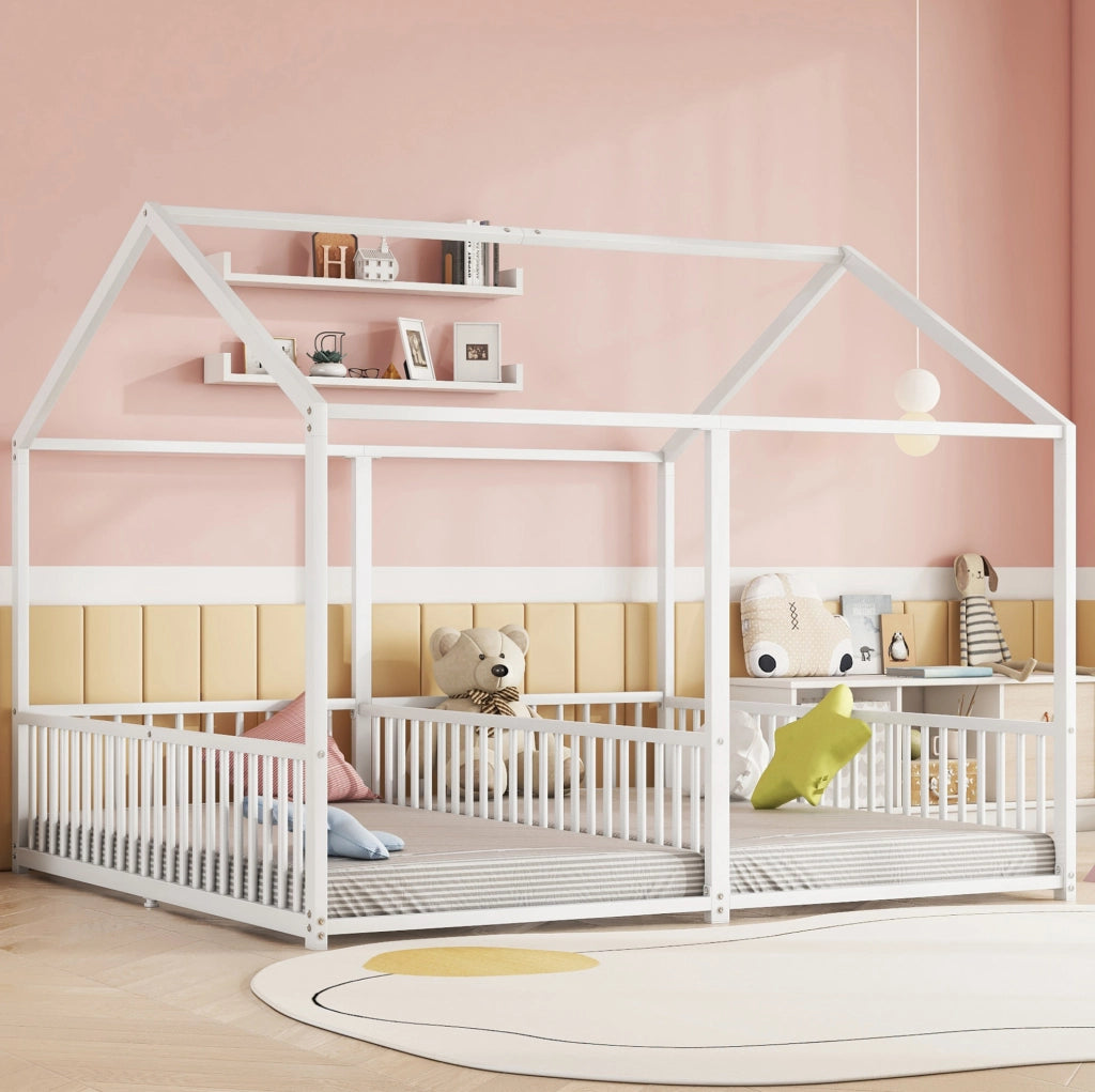 Letto per bambini in metallo 90x200 cm con sponda, forma a casetta, bianco