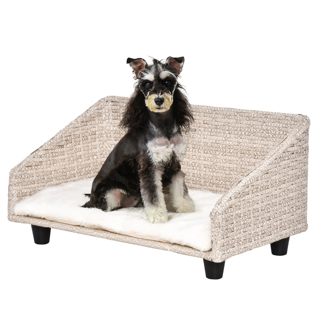 Easycomfort Cuccia per Cani e Gatti Rialzata in Rattan con Cuscino Lavabile Bianco, Lettino per Animali da Interno, 70.5x40x37.5cm, Beige