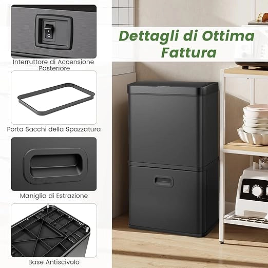 56L Pattumiera in Acciaio Inossidabile, Cestino della Spazzatura con Sensore di Movimento e 2 Contenitori Interni Rimovibili, Coperchio a Chiusura Lenta per Cucina Soggiorno Ufficio (Nero)