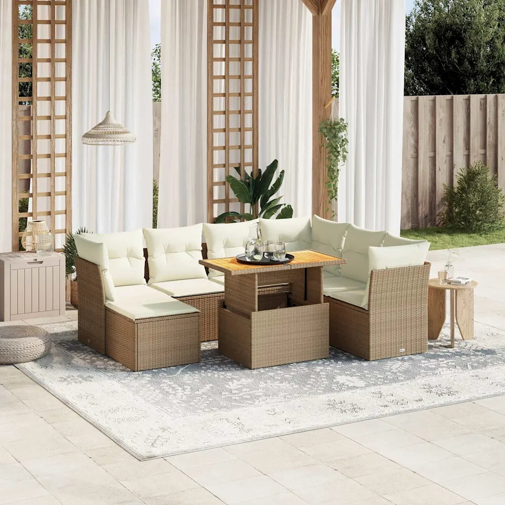 Set Divano da Giardino 8 pz con Cuscini Beige in Polyrattan