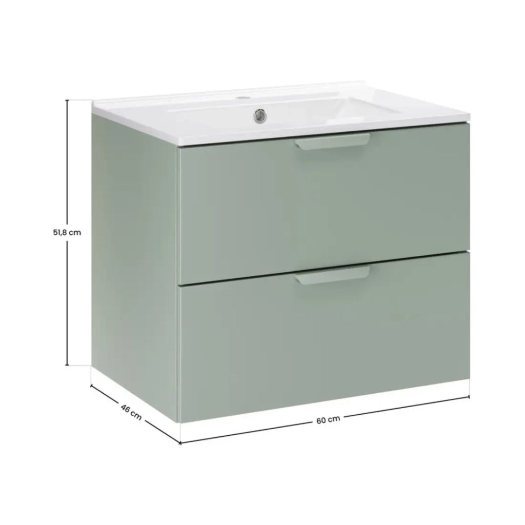 Set bagno sospeso OSTER 60cm: mobile sottolavabo con cassetti verde salvia + lavabo incassato bianco