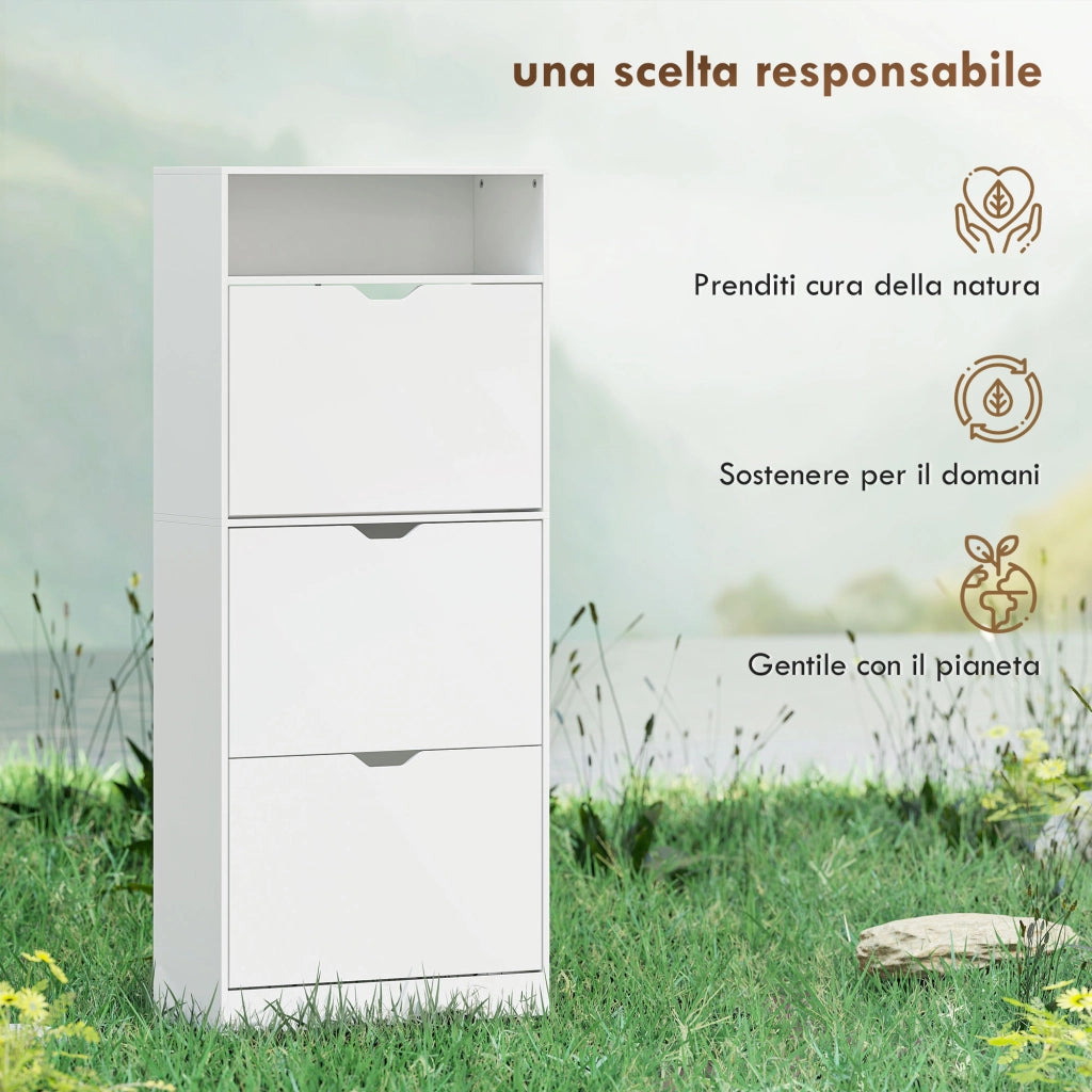 Mobile Portascarpe con 3 Cassetti Ribalta e Ripiani Regolabili, per Corridoio o Ingresso