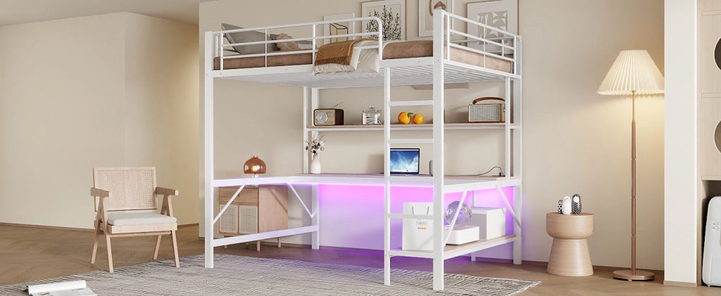 DESMIU Letto a soppalco letto matrimoniale con USB, presa, LED, scrivania e scaffali 140 × 200 cm, senza materasso, bianco