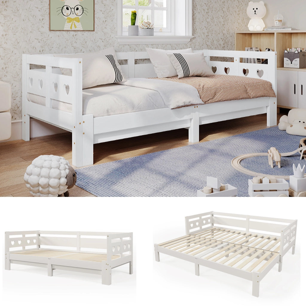 OKWISH Letto estraibile 90×200 cm, Letto Singolo allungabile, Cuore, rete con ruote, senza Materasso, in Legno, Bianco