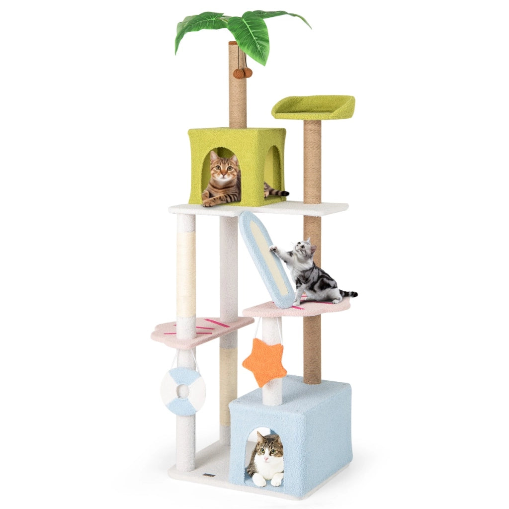 Albero per gatti alto torre a pi¨´ livelli a tema spiaggia per gatti, Albero per gatti alto 180 cm Verde+Blu+Bianco-Alberi Tiragraffi