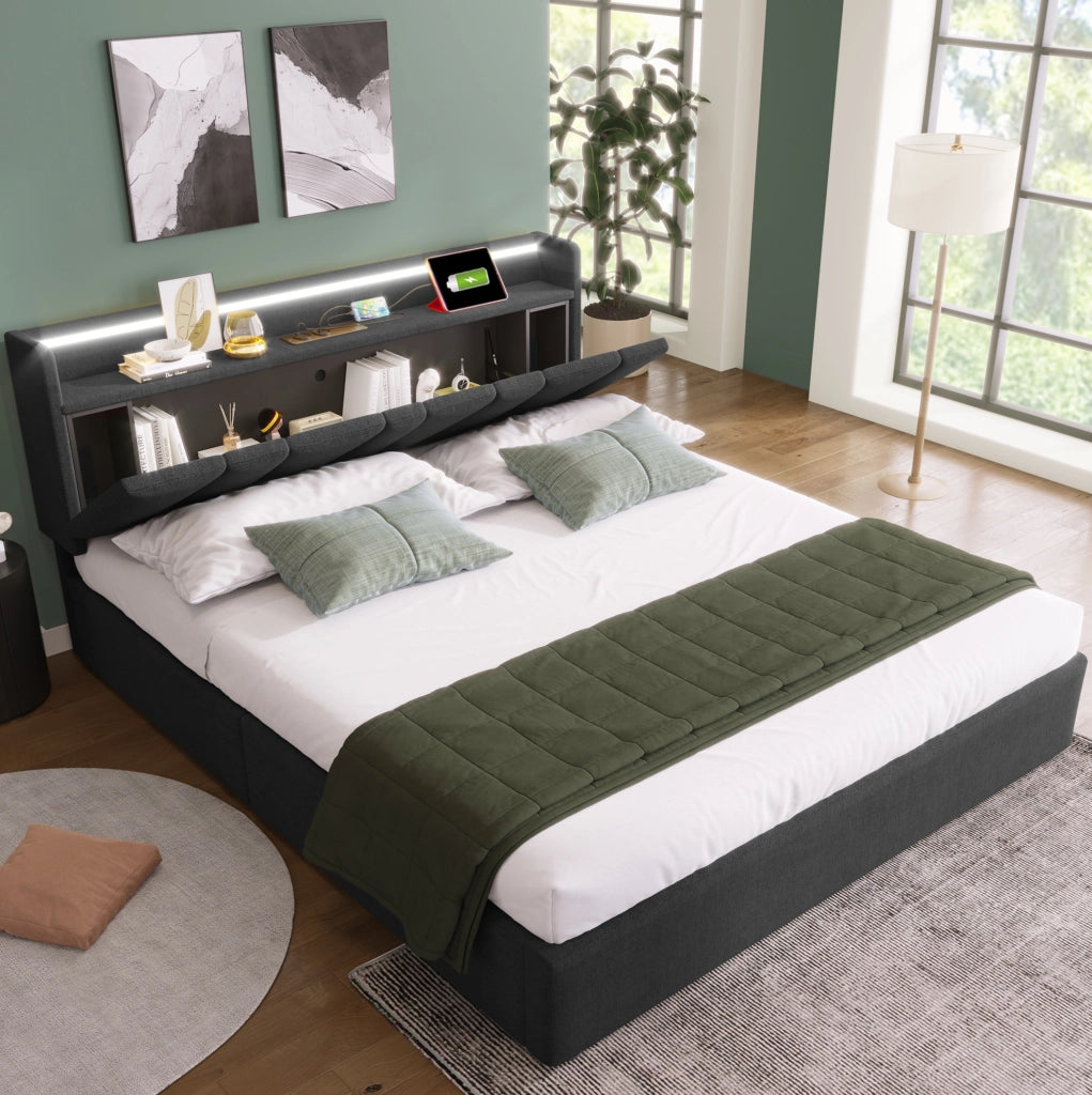 Letto matrimoniale imbottito 160x200 cm con contenitore; testiera con prese USB e LED RGBW; grigio