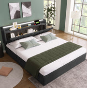 Letto matrimoniale imbottito 160x200 cm con contenitore; testiera con prese USB e LED RGBW; grigio