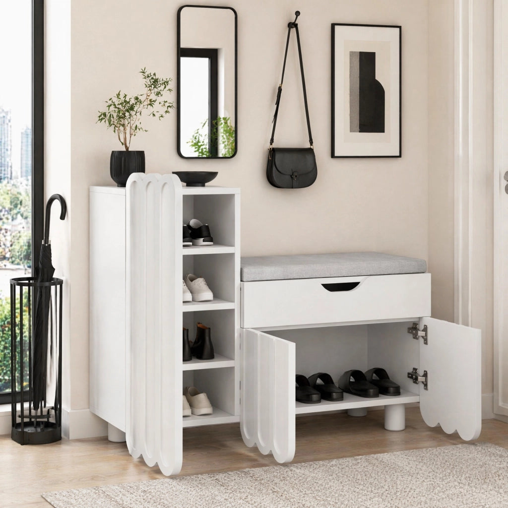 Scarpiera a 3 ante con cassetto e seduta imbottita 90x35x74;5 cm; bianco in MDF
