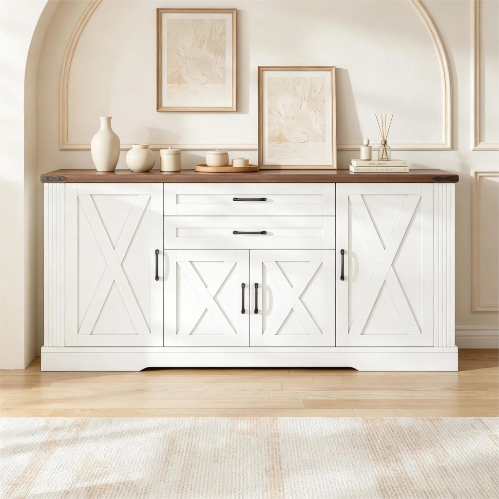 Credenza con 4 ante e 2 cassetti; ripiani regolabili - per soggiorno - in MDF e truciolare - 160×39×81.5 cm - bianco
