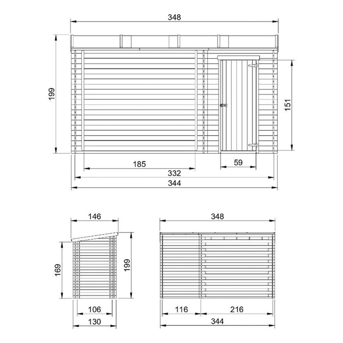 Casetta da Giardino in Legno - A199x344x130 cm - 2,54 m2+1,1 m2 - TIMBELA M205