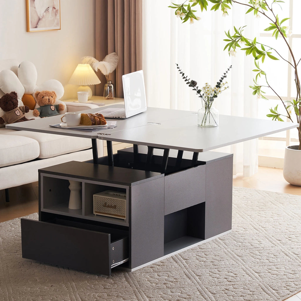 Tavolino basso sollevabile 2 in 1 con 2 cassetti in pannello truciolare grigio 100 × 51 × 47 cm