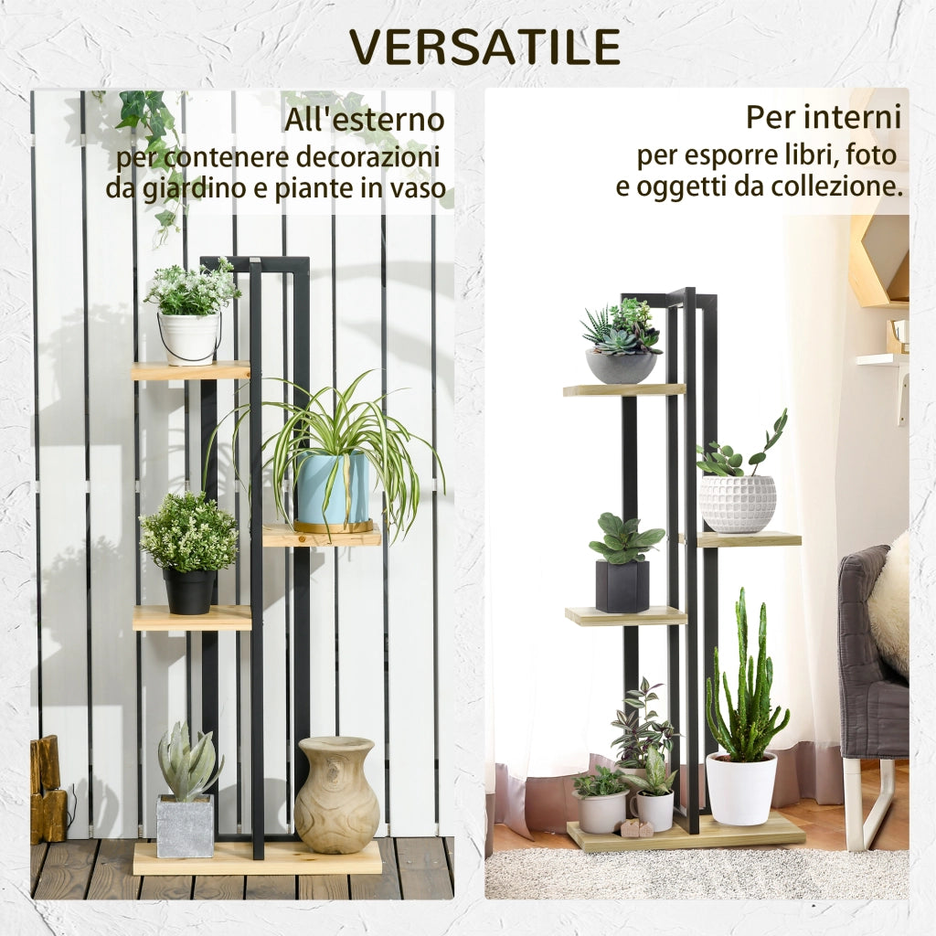 Portapiante 4 Ripiani ¨C zephmum ¨C Legno Abete e Metallo, 45x25x110 cm, Nero