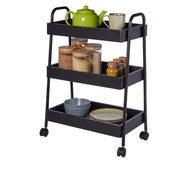 Trolley da cucina a 3 livelli con 4 ruote - Trolley per la stanza da bagno e lo studio - 70x46,5x28,5 cm - Metallo nero e MDF