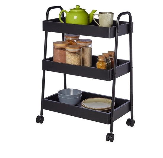 Trolley da cucina a 3 livelli con 4 ruote - Trolley per la stanza da bagno e lo studio - 70x46,5x28,5 cm - Metallo nero e MDF