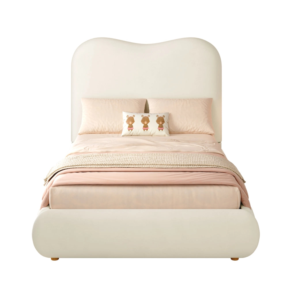Letto per bambini 90 × 200 cm con contenitore idraulico, testiera imbottita, senza materasso, in velluto beige