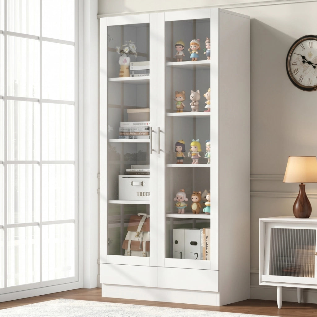 Vetrina con ante in vetro e 2 cassetti, 9 vani e ripiani, per soggiorno e ufficio, bianco, 80 × 40 × 160 cm