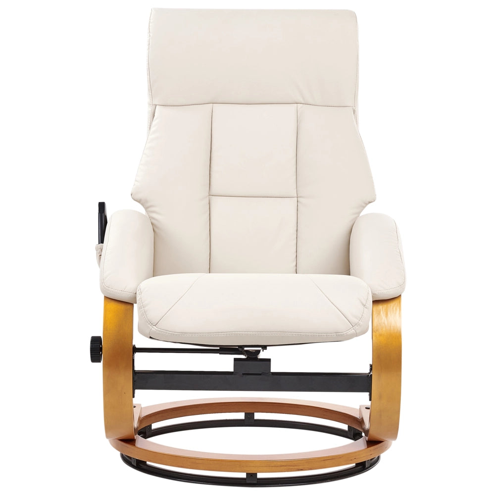 Sedia reclinabile ecopelle beige chiaro con poggiapiedi massaggiante struttura in legno schienale regolabile
