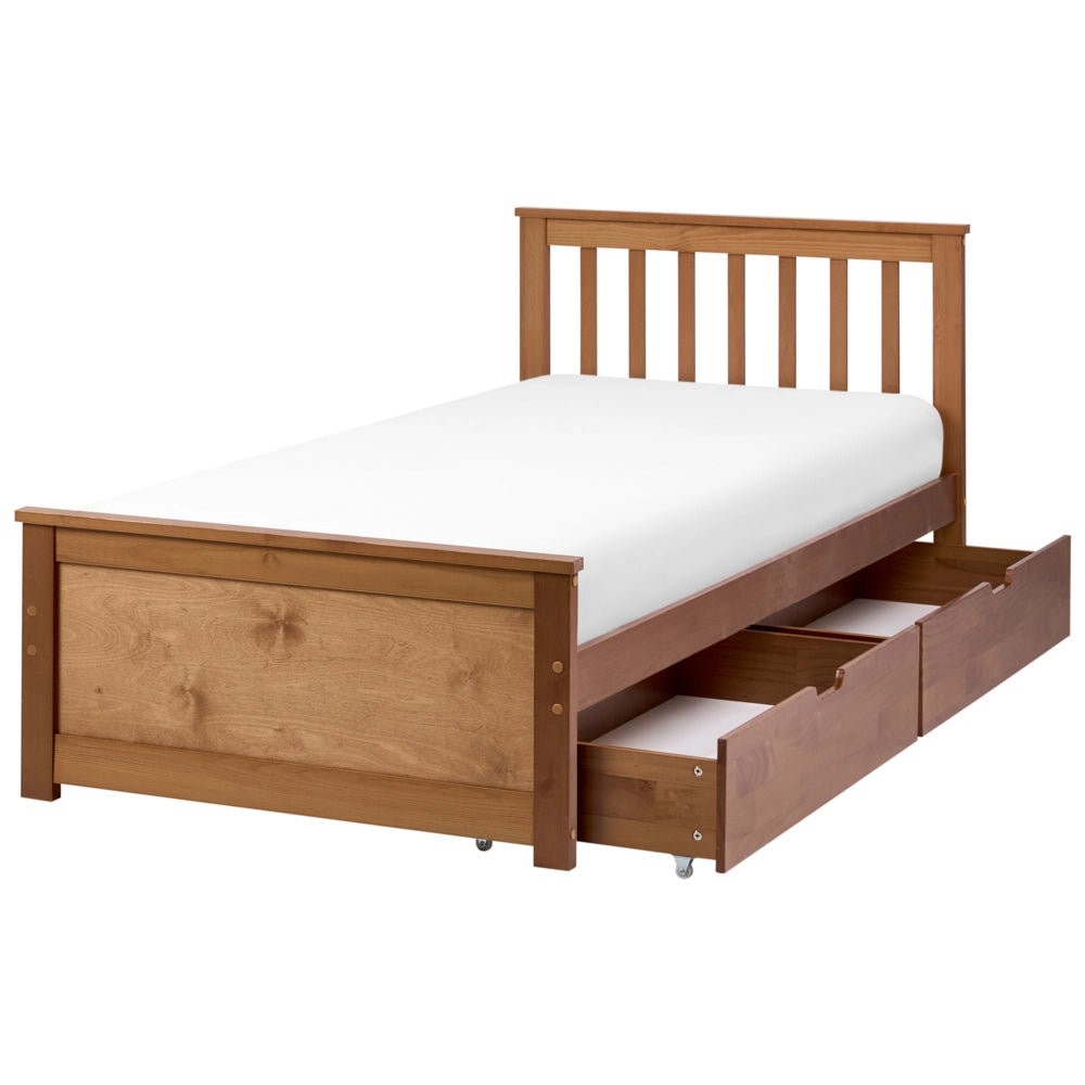 Letto singolo in legno di pino e MDF con contenitore e 2 cassetti 90 x 200 cm Testiera a doghe minimalista