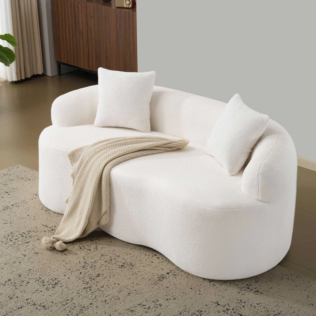 Divano curvo bianco crema 2 posti 170x89x70 cm; schiuma e molle; 2 cuscini; senza montaggio