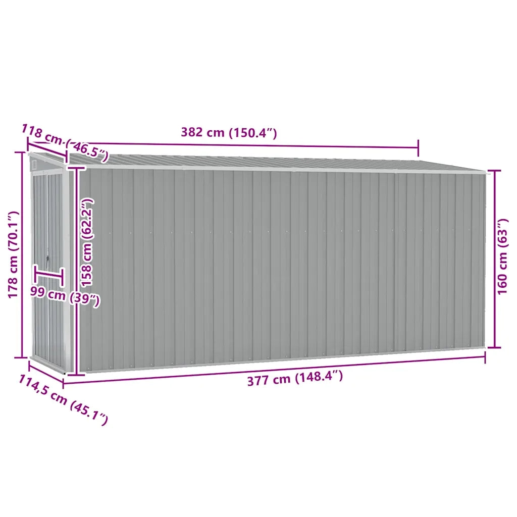 Capanno Giardino a Parete Grigio 118x382x178 cm Acciaio Zincato
