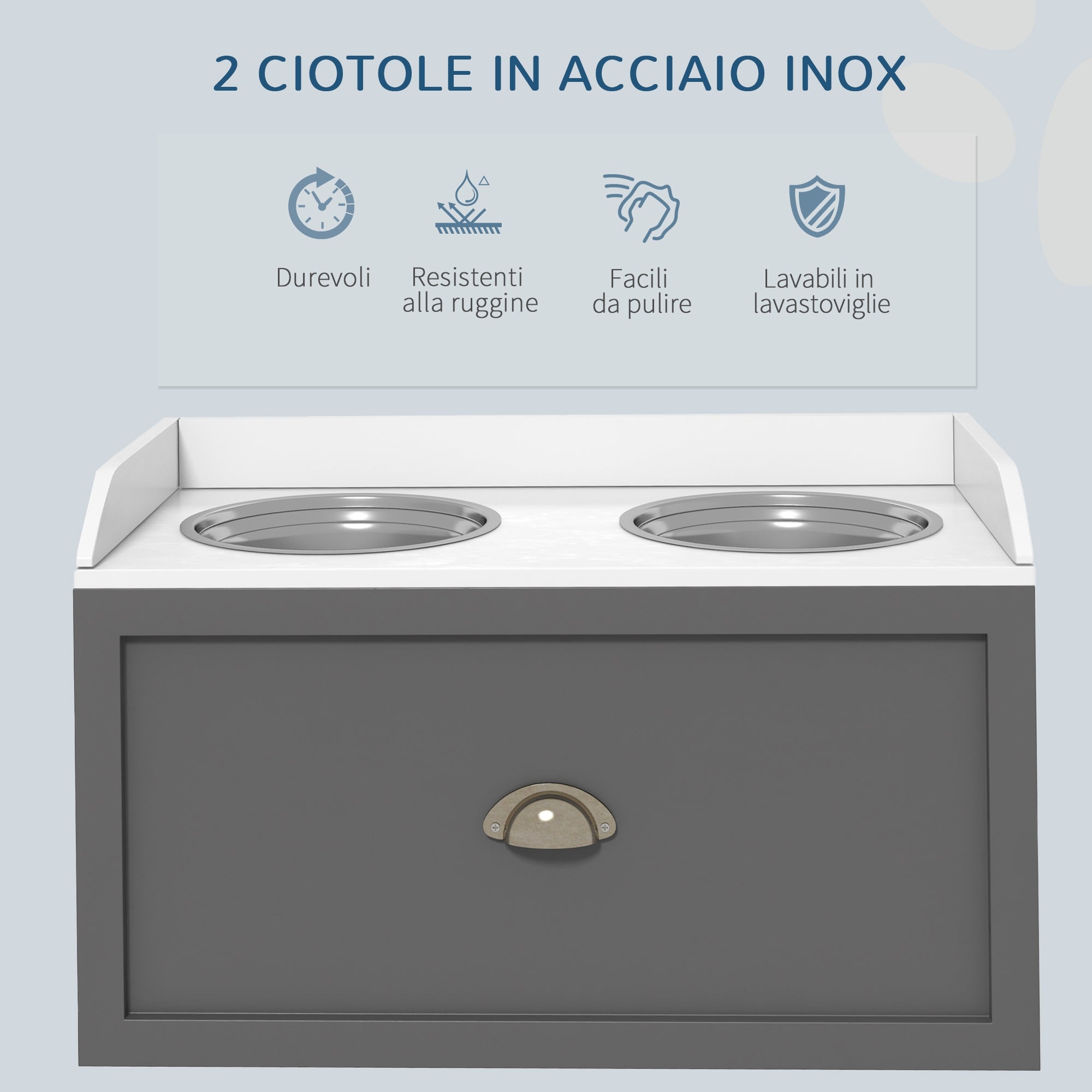 Ciotole per Cani Rialzate 60x30x36 cm con Cassetto in Acciaio Inox e Legno Grigio