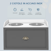 Ciotole per Cani Rialzate 60x30x36 cm con Cassetto in Acciaio Inox e Legno Grigio