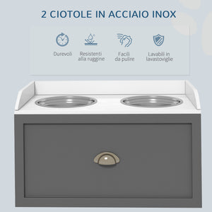 Ciotole per Cani Rialzate 60x30x36 cm con Cassetto in Acciaio Inox e Legno Grigio