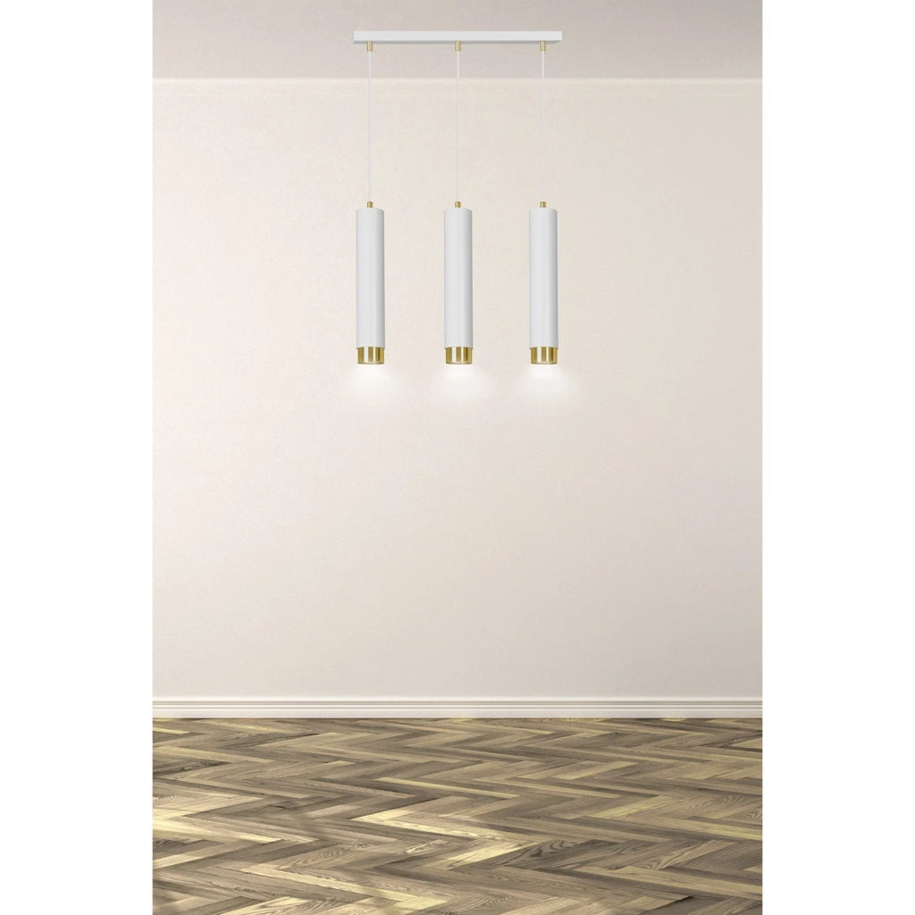 Lampadario 3 Luci Brunilde In Acciaio Bianco E Tubolari In Bianco E Oro