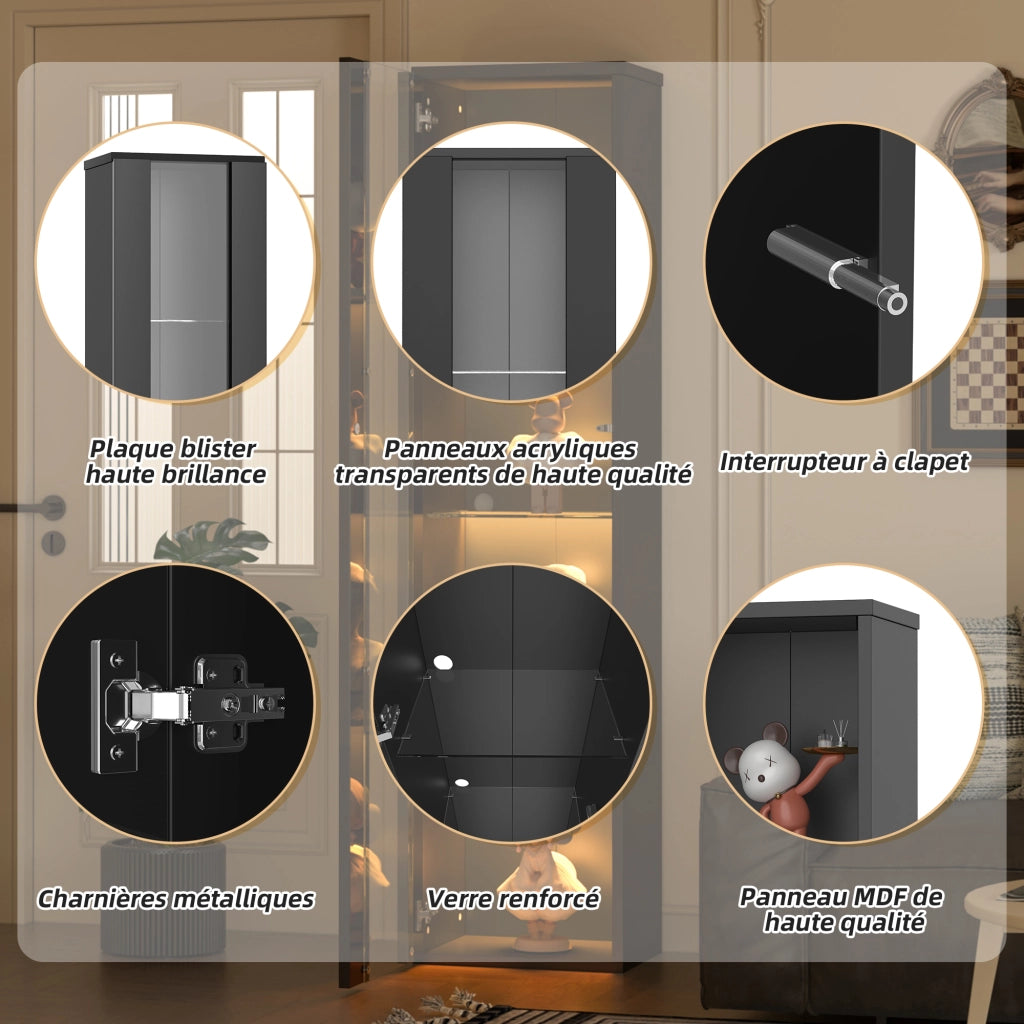 OKWISH Vetrina con 4 Livelli, Illuminazione LED con Cambio Colore, per Soggiorno, Nero, 40 x 29 x 170 cm