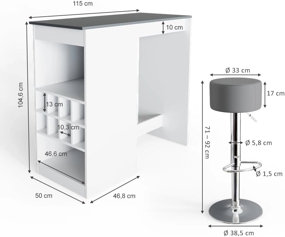 Tavolo bar con sgabelli Ross, Bianco/antracite, 115 x 50 cm con 2 sgabelli da bar, adatto come tavolo da pranzo o in piedi con vani a giorno