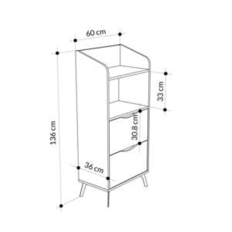 Mobile Multiuso 60x36x136 cm con 2 Cassetti e 1 Ripiano in Melamina Bianco