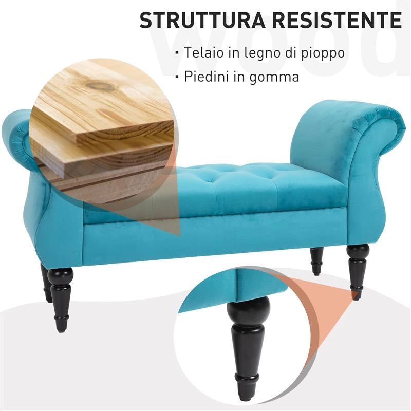PANCA STILE VINTAGE CON BRACCIOLI IMBOTTITA VELLUTO AZZURRO