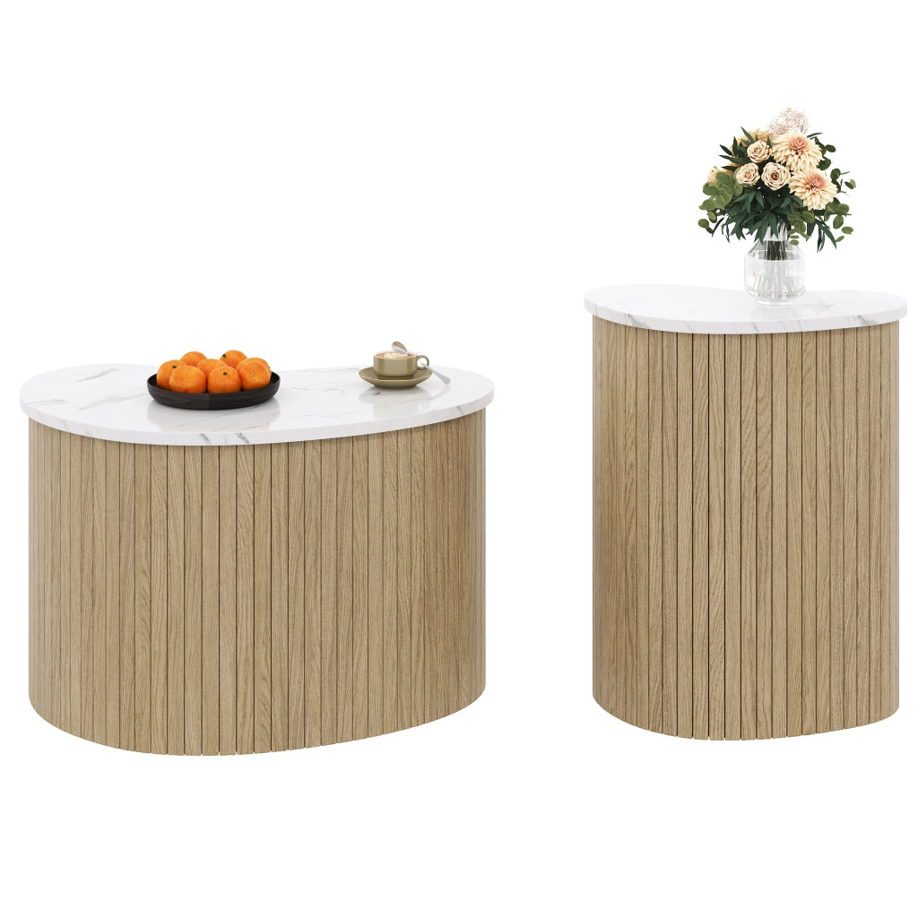 Tavolini da Caffè Nidificabili con 2 Piani; Effetto Marmo e Legno; Stile Scandinavo; in MDF; Naturale/Bianco