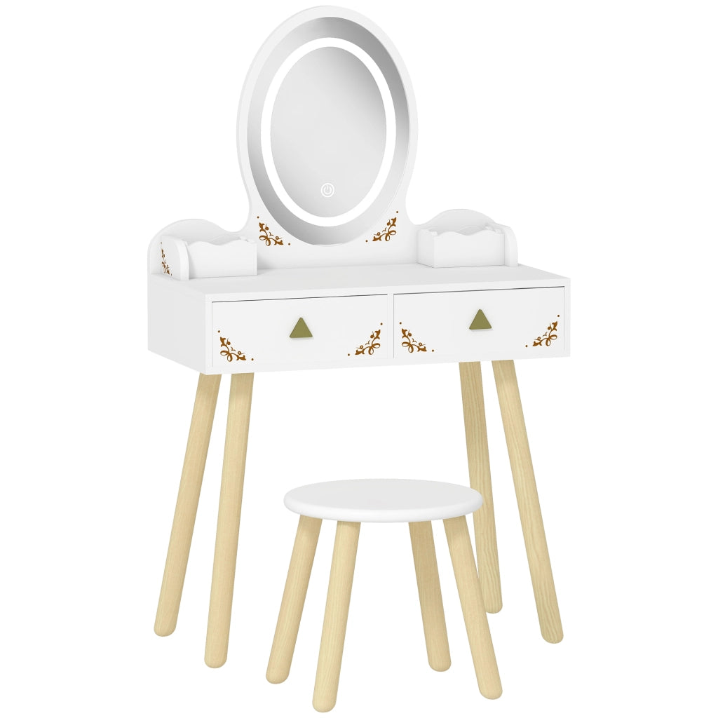 Set Toeletta per Bambine da 3 Anni con Specchio Illuminato e Sgabello 2 Cassetti e 2 Scatole Bianco