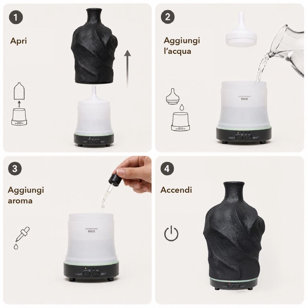 Diffusore di Aromi 80 ml in Ceramica con Luce LED 7 Colori, Umidificatore per Oli Essenziali con Timer 1/2 Ore, Alimentazione USB-C 5V, Design Compatto Nero