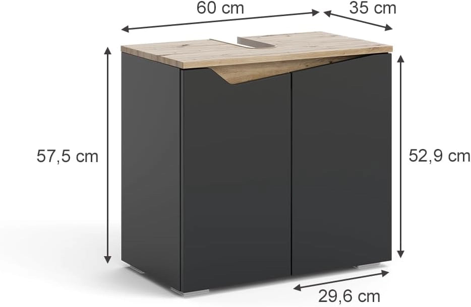 Mobiletto per lavabo Marelle, Antracite/Artisan, 60 x 57.5 cm con 2 porte, con ritaglio per sifone per il montaggio sotto il lavabo