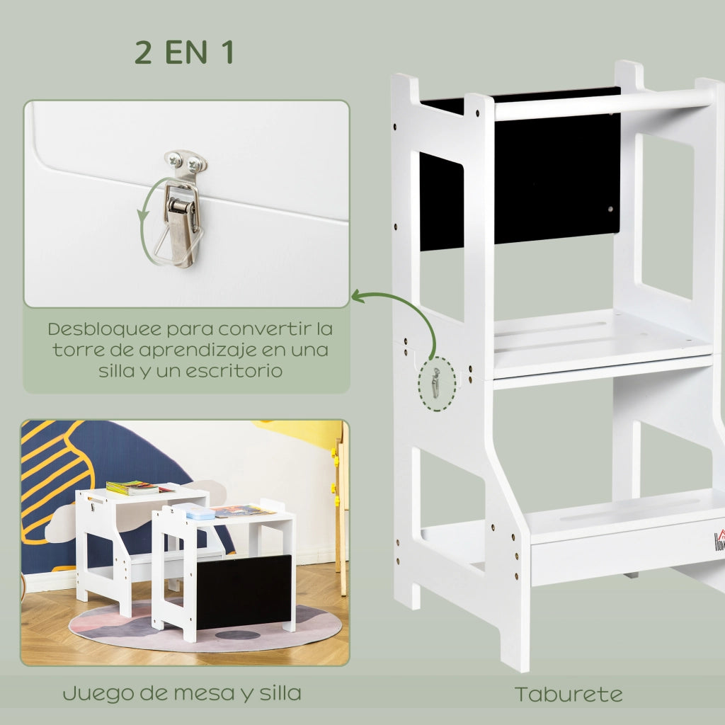 Torre di apprendimento 2 in 1 con scrivania e lavagna ¨C Xylo ¨C Bianco 42x44x86 cm