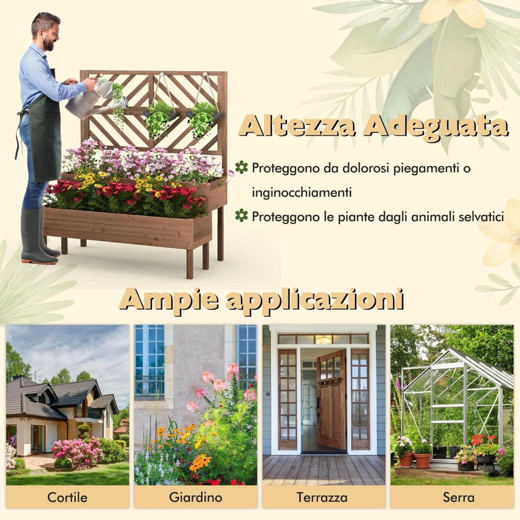 Fioriera da Giardino a 2 Livelli con Traliccio, Letto Rialzatto con Gambe in Legno, Foro di Drenaggio, Fioriera da Interno ed Esterno per Frutta, Verdura, Fiori ed Erbe Rampicanti (Marrone)
