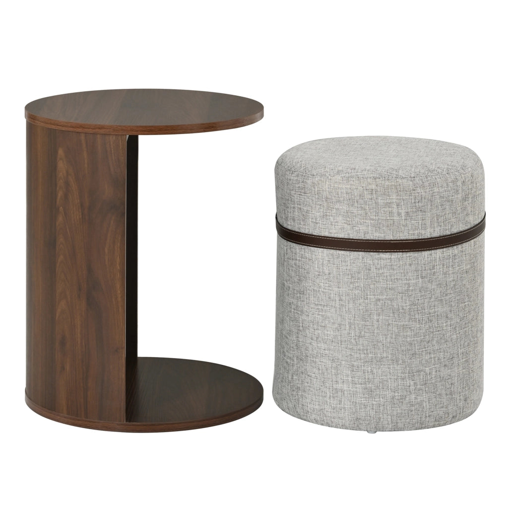 Tavolino rotondo con pouf integrato 38x38x47;5 cm in MDF e legno di pino; noce