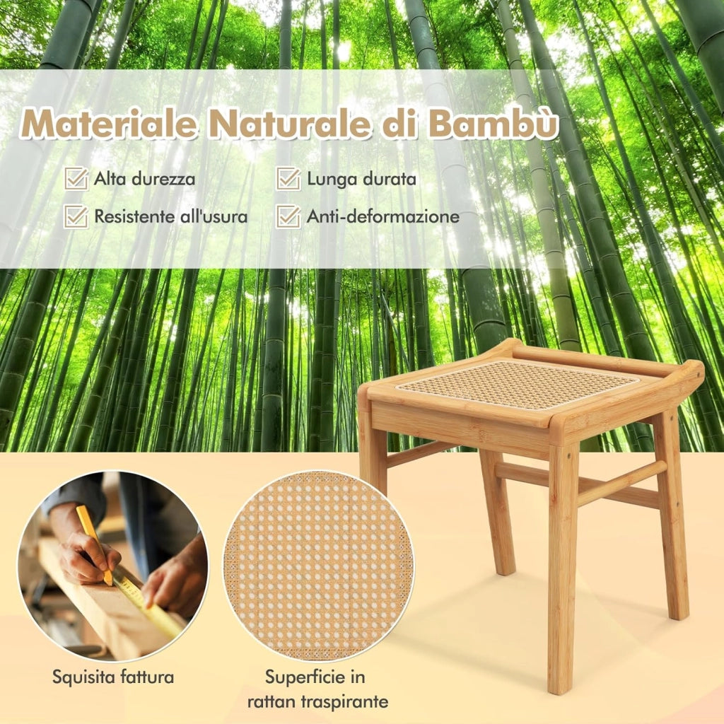 Sgabello per Tavolo da Trucco in Bambù, Sgabello con Seduta in Rattan e Piedini Antiscivolo, per Soggiorno, Camera da Letto, 38 x 40 x 43 cm