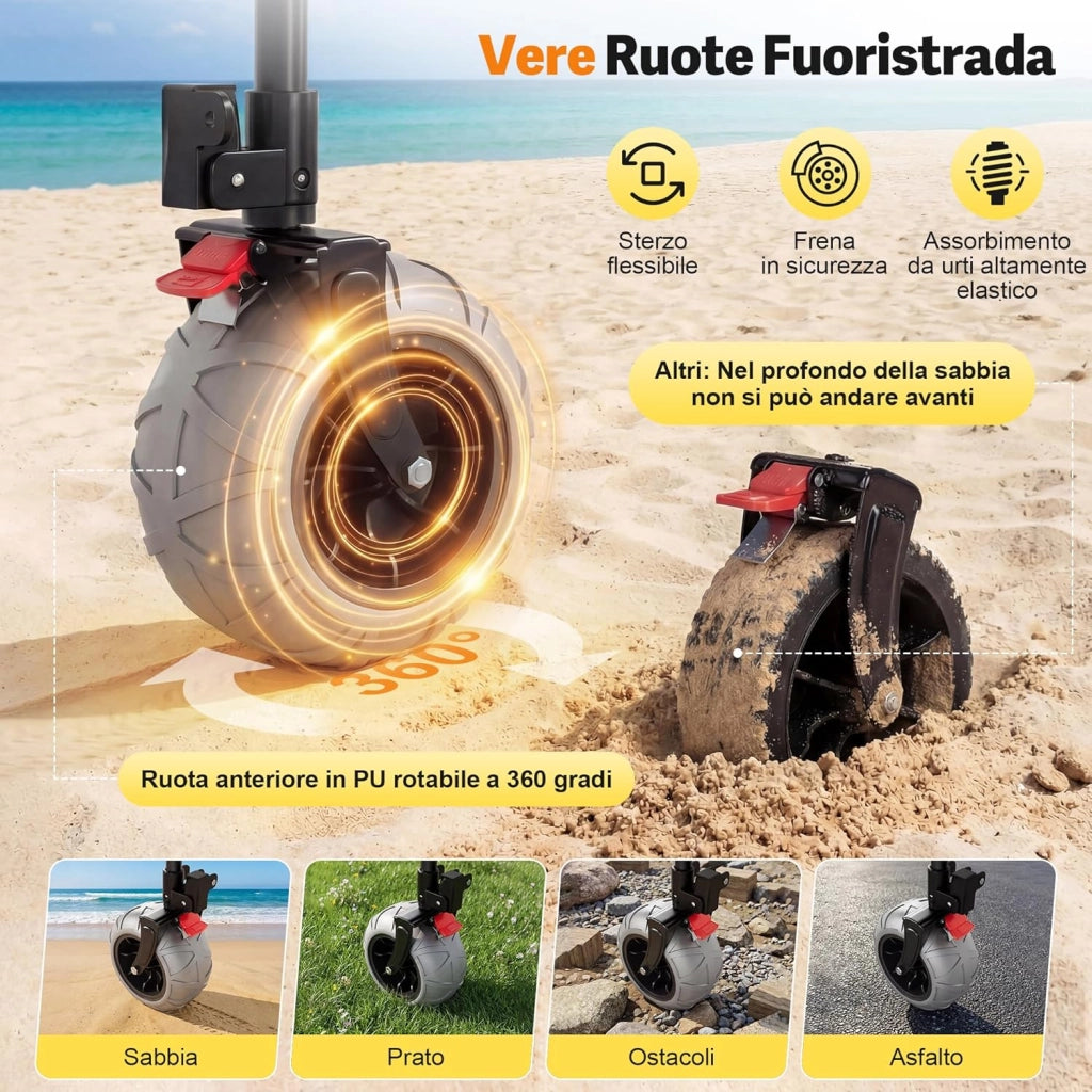 Carrello da Spiaggia Pieghevole 200L 150KG, Carrello Spiaggia per Tutti i Terreni con Ruote PU Extra Larghe 21.5x10cm, Carretto Pieghevole Maniglia Regolabile 90° per Spiaggia, Campeggio,Grigio