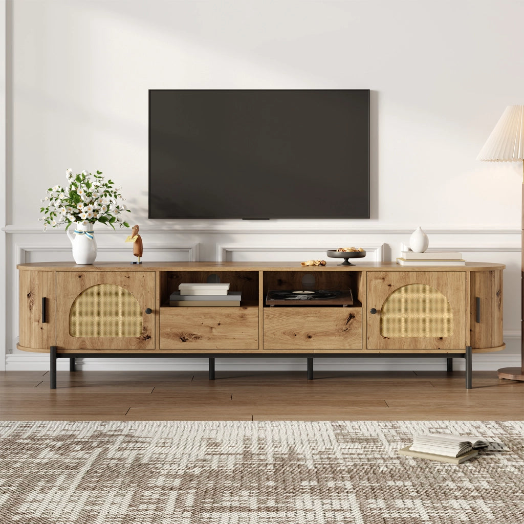 Mobile TV Ovale con Ante Scorrevoli in Rattan e Cassetto ¨C MINIMAL ¨C Legno e Metallo