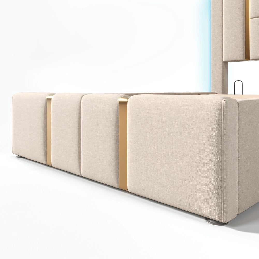 Letto Imbottito Singolo con Contenitore e LED ¨C MINIMAL ¨C Beige, Tessuto Lino, 90x200, Doghe in Legno