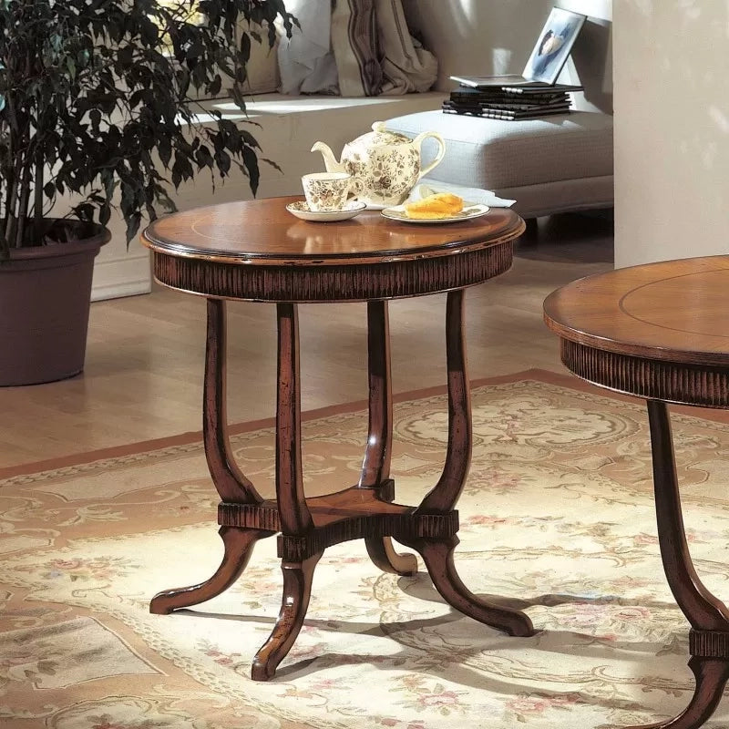 Tavolino rotondo inglese intarsiato legno massello bassano 70x70x74 - Mobili 2G